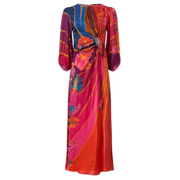 FARM Rio Vintage Wave Long Sleeve Midi Dress in Multi, Size XS - Picture 1 of 8